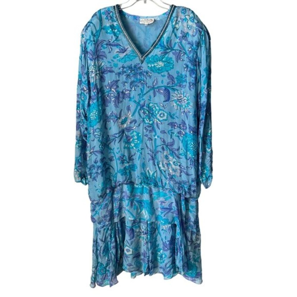Vintage Judith Ann Plus Blue Beaded‎ Sequined Silk Formal Dress Womens 2X XXL 20